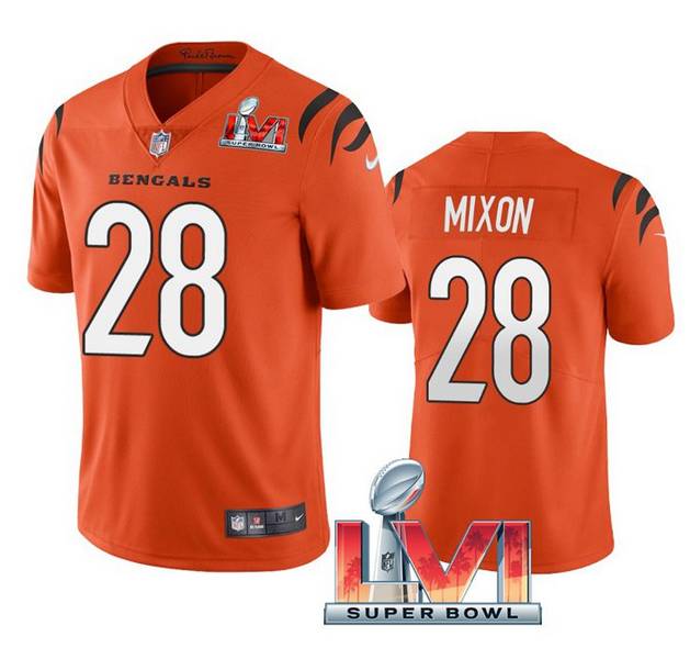 Youth Cincinnati Bengals #28 Joe Mixon 2022 Orange With C Patch Super Bowl LVI Vapor Limited Stitched Jersey
